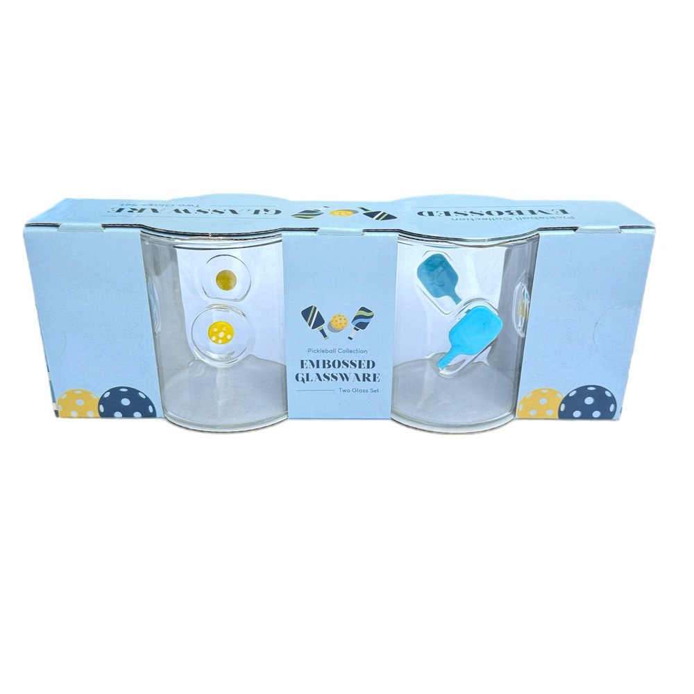 Pickleball Collection Embossed Glassware Set 2 Glasses Blue Paddle Yellow Ball